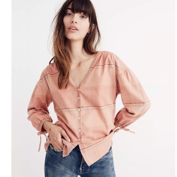 Madewell | Morning View Tie-Sleeve Shirt in Peach Plaid - Picture 1 of 12